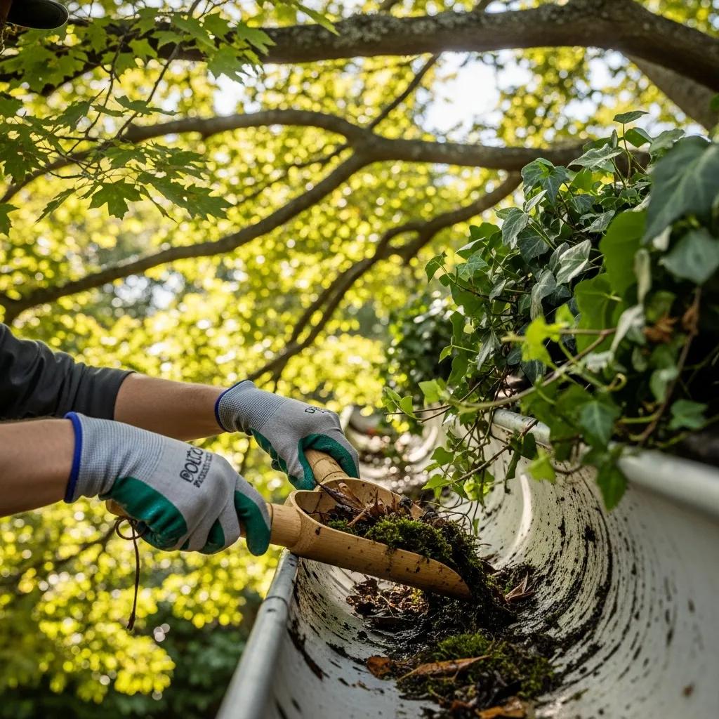 Technician performing manual biodegradable gutter cleaning