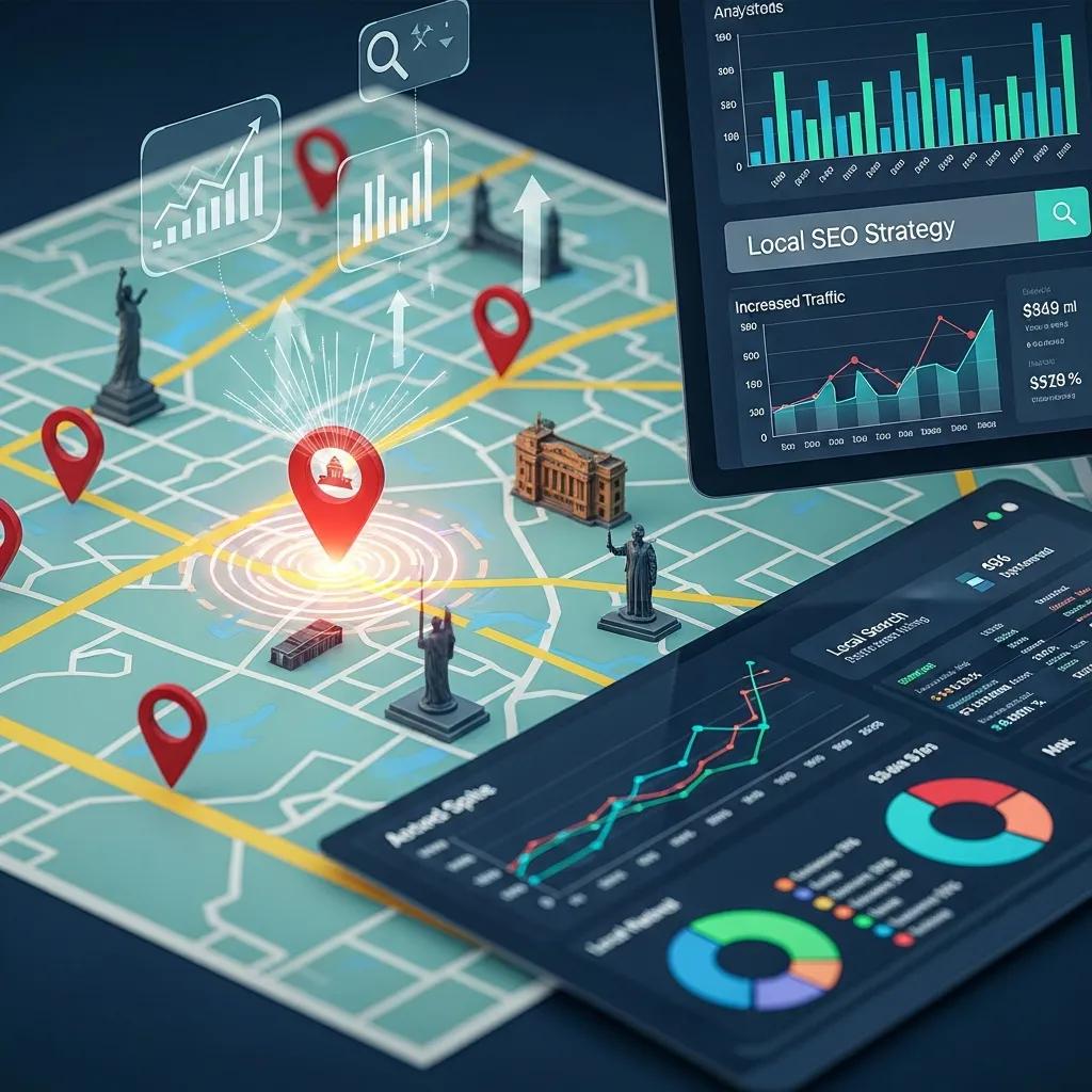 Map with location pins and analytics data representing local SEO strategy