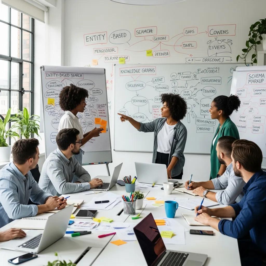 Team collaborating on semantic SEO strategies in a modern office