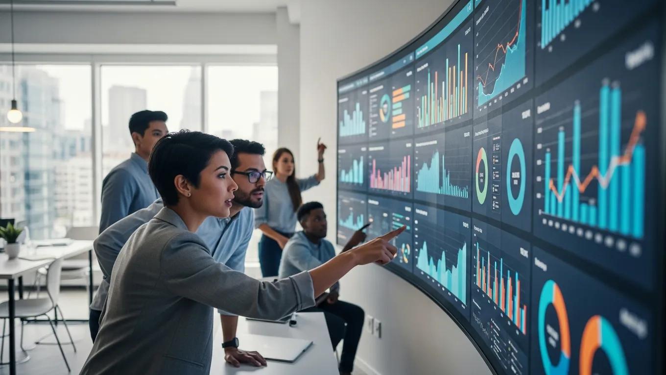 Marketing team analyzing data in a modern workspace