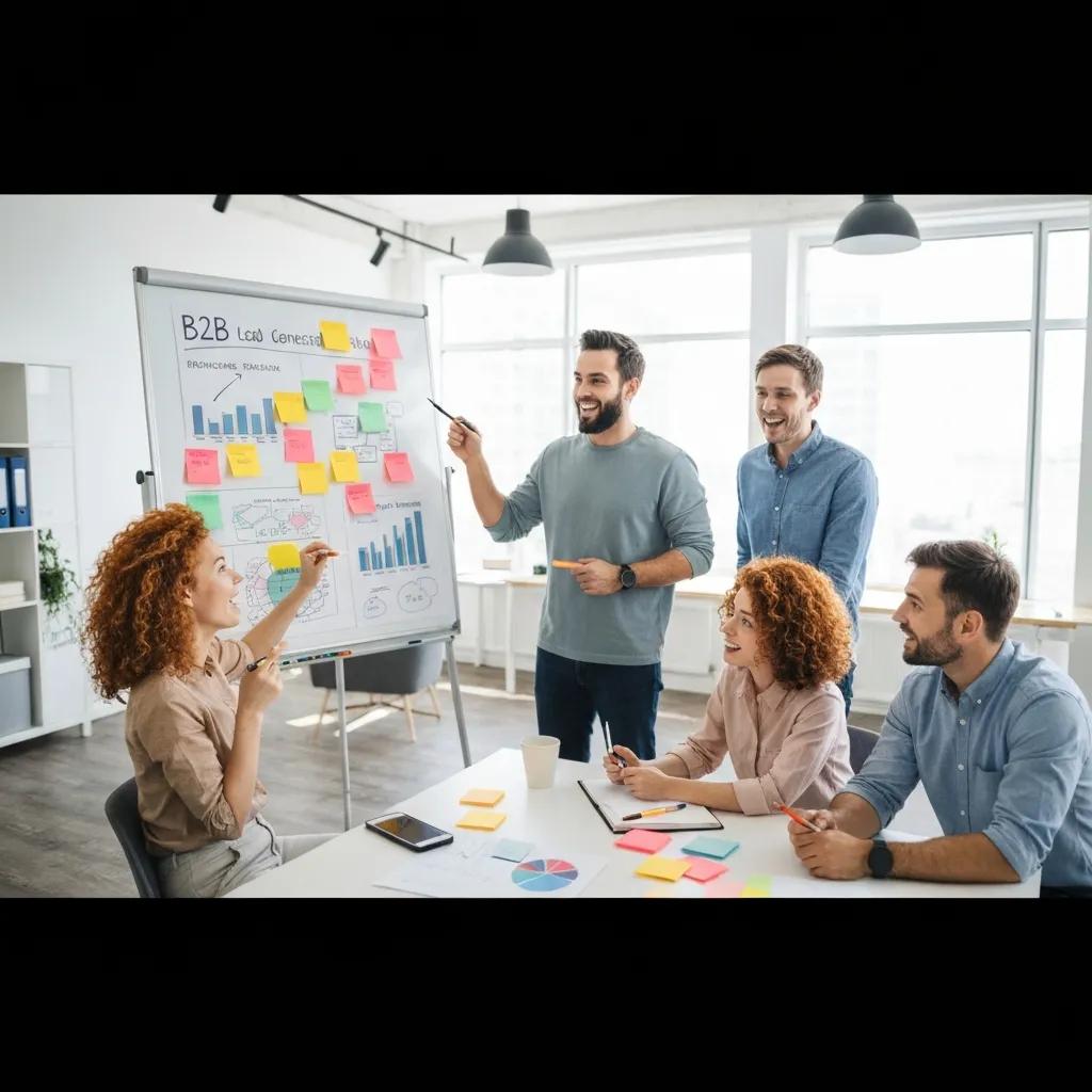 Marketing team mapping B2B lead strategies on a whiteboard