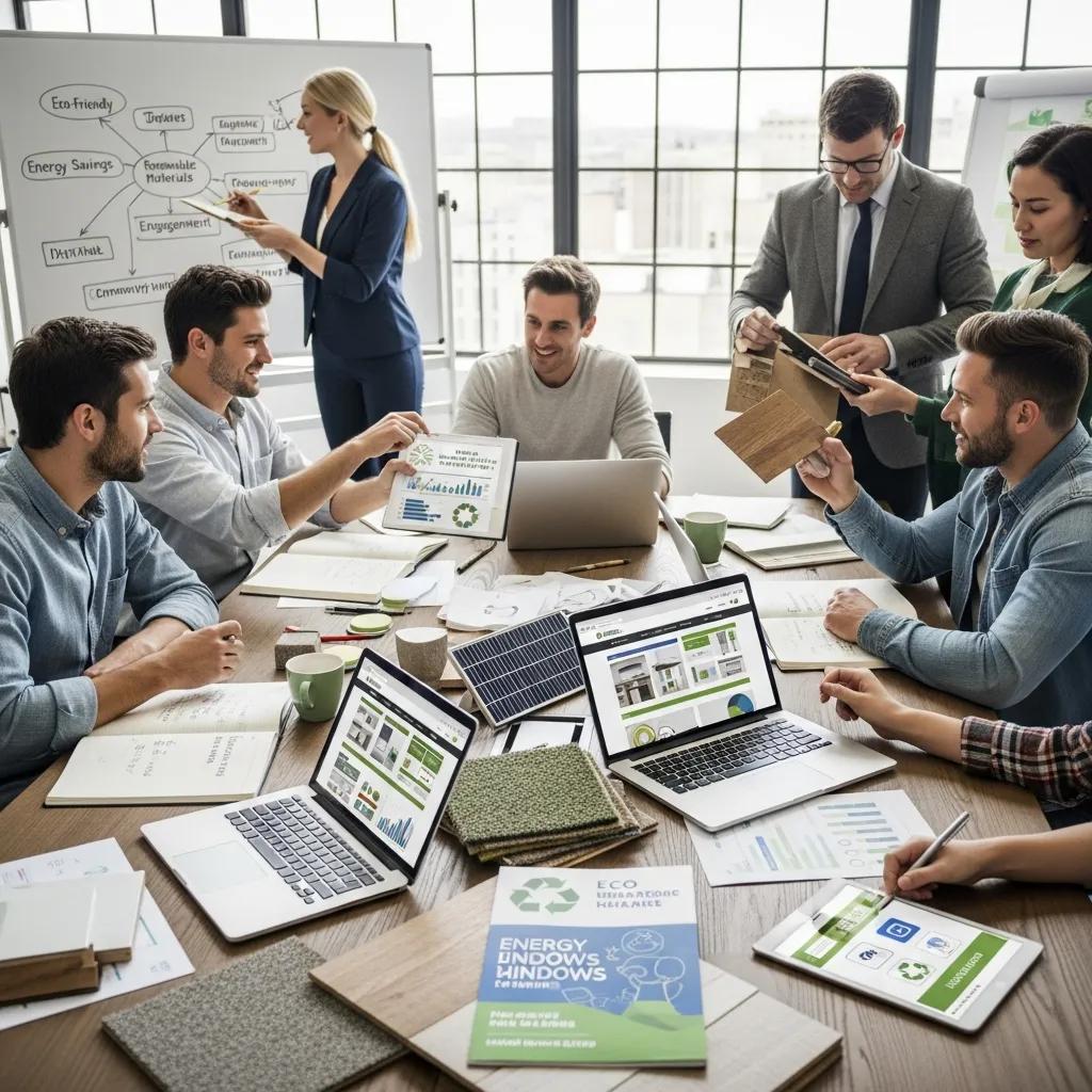 Marketing team planning sustainable home improvement campaigns with eco-friendly materials