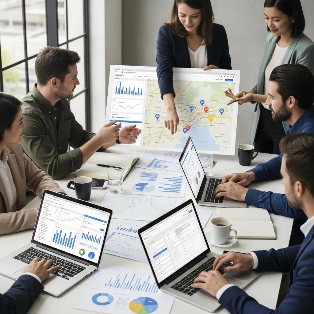 Marketing team collaborating on best practices for optimizing location pages in multi-location SEO