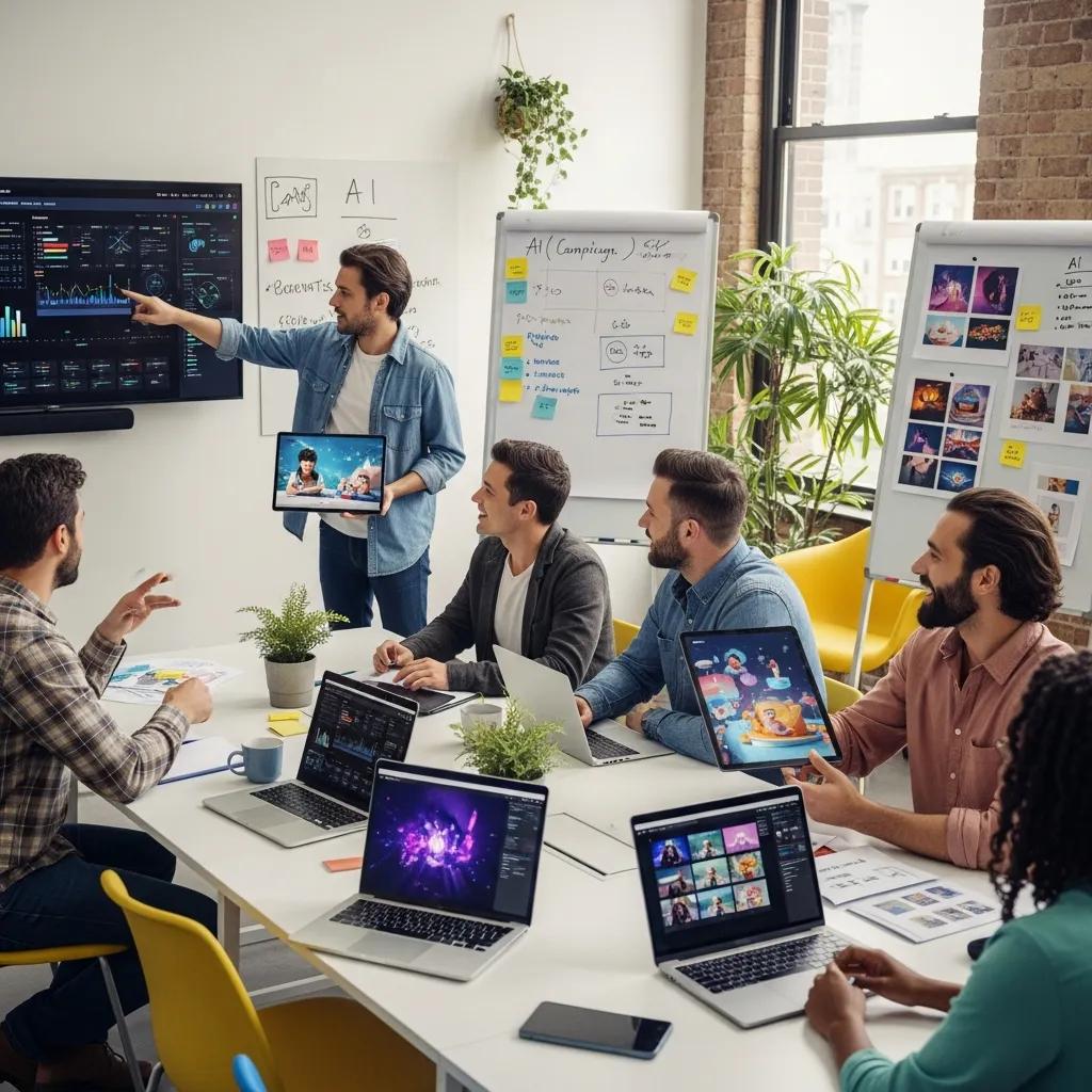 Marketing team collaborating with generative AI tools in a creative workspace, showcasing AI's impact on content creation