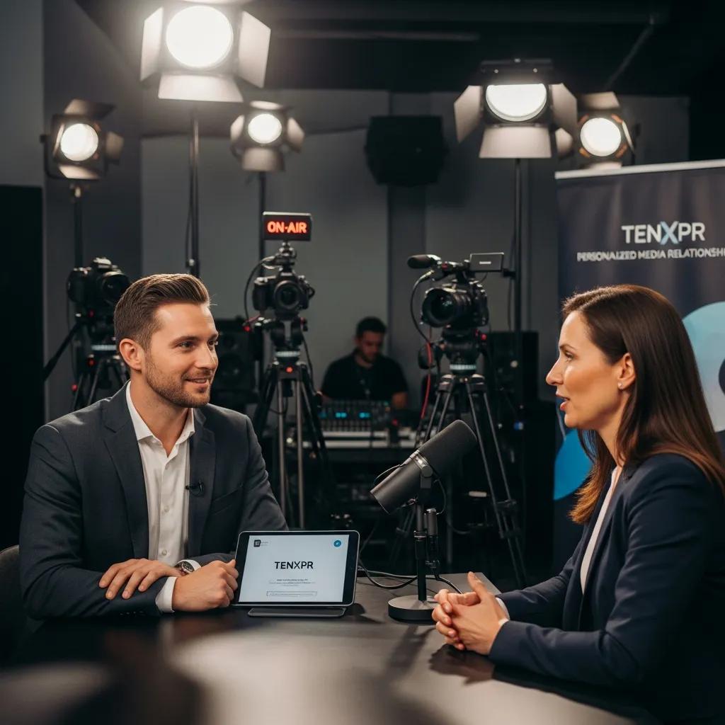 Media professional interviewing a client in a broadcast studio