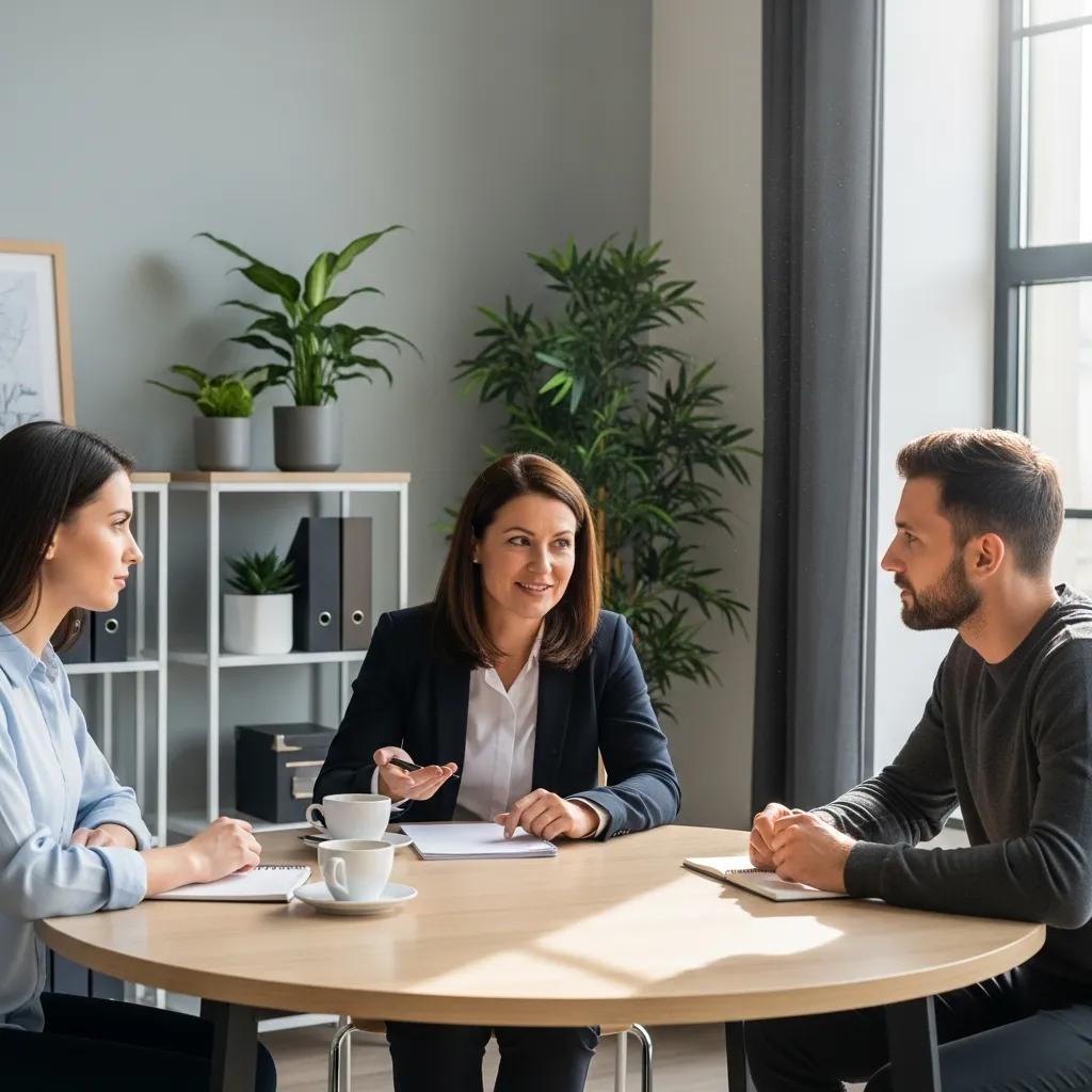 Mediator guiding a couple through the mediation process in a professional setting