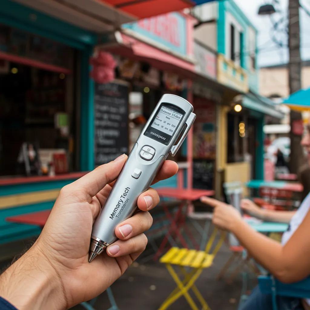 Memory Tech Translation Pen being used by an Australian traveler to translate a menu in a vibrant outdoor setting
