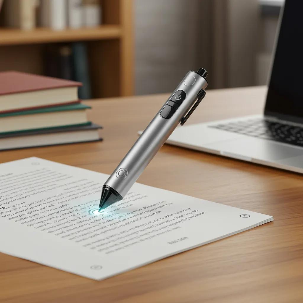Memory Tech Translation Pen scanning printed text on a desk in a cozy study environment