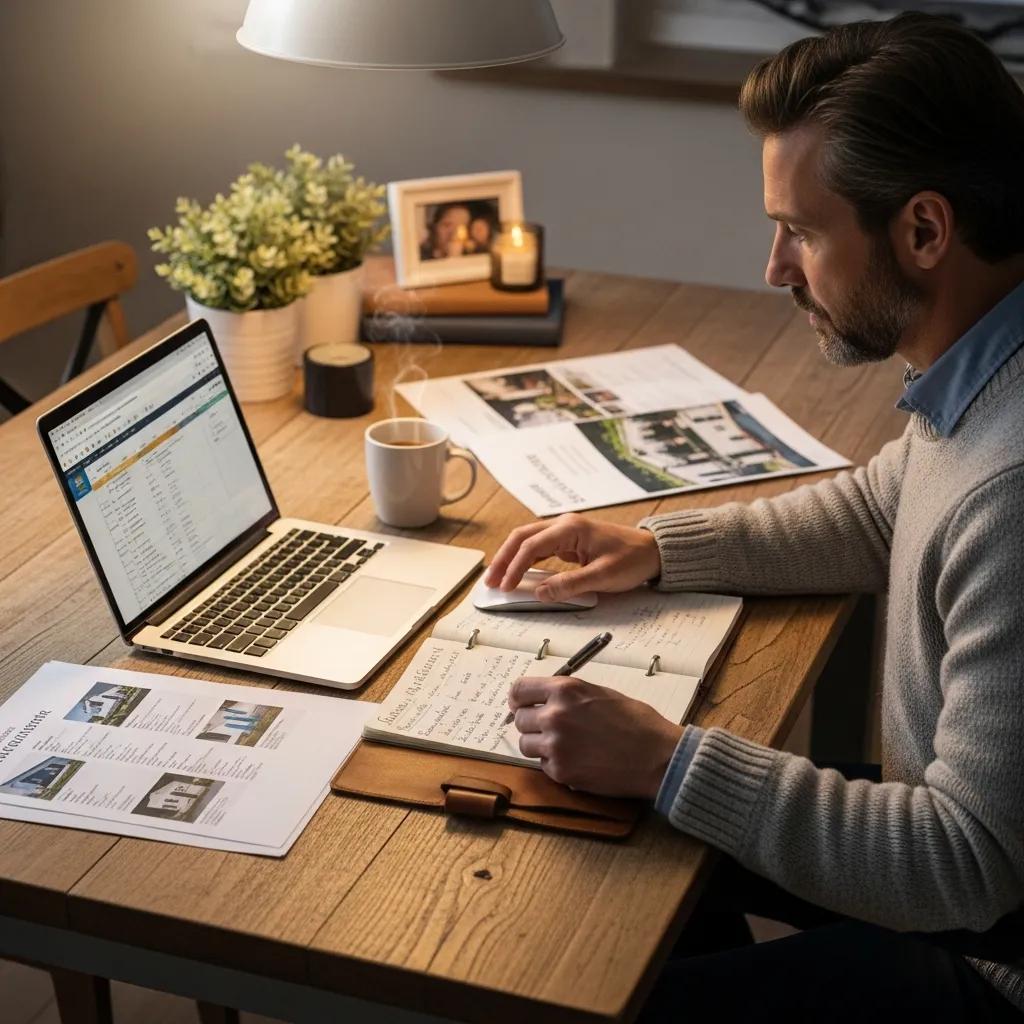 Mid-career professional exploring passive income ideas with real estate materials