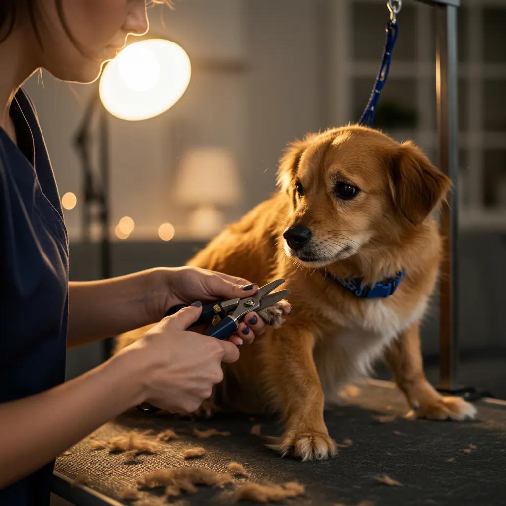 Mobile dog nail trimming service in a cozy home setting with a calm dog and professional groomer