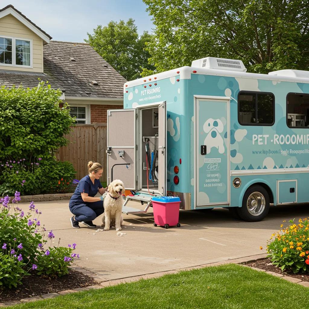Mobile pet grooming van offering convenient grooming services right at your doorstep