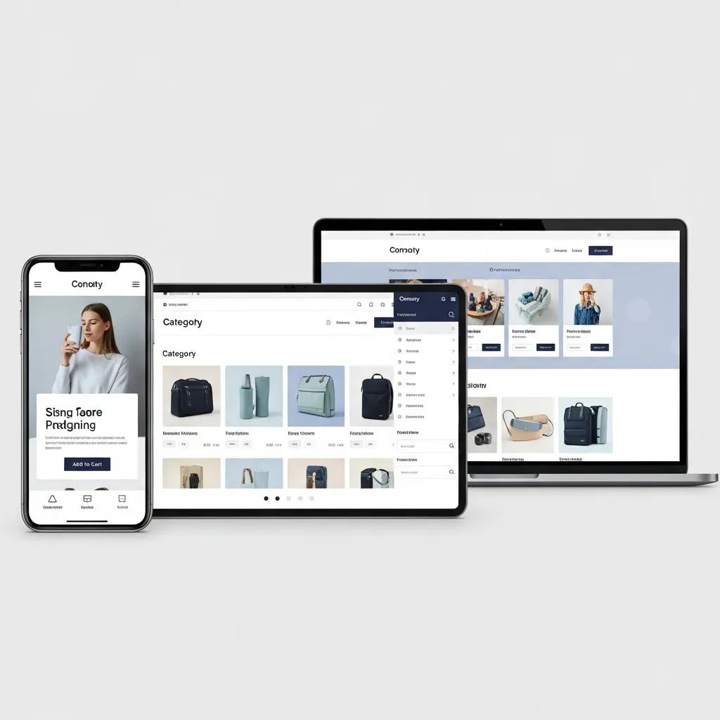 Mobile-responsive e-commerce website displayed on smartphone, tablet, and laptop
