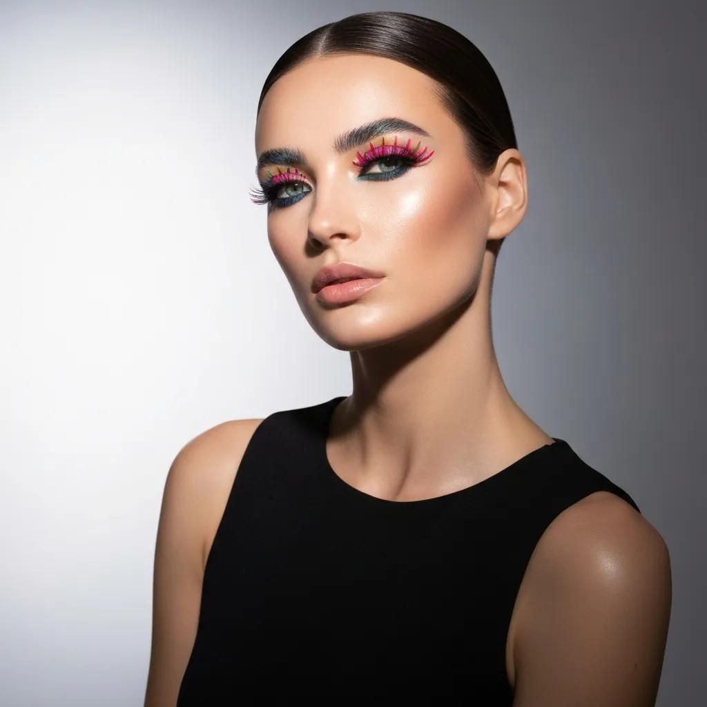 Model showing subtle colorful lash and brow accents for a modern beauty look