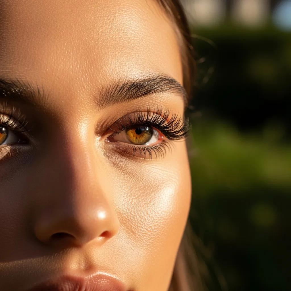 Model displaying hybrid lash extensions in a natural outdoor setting