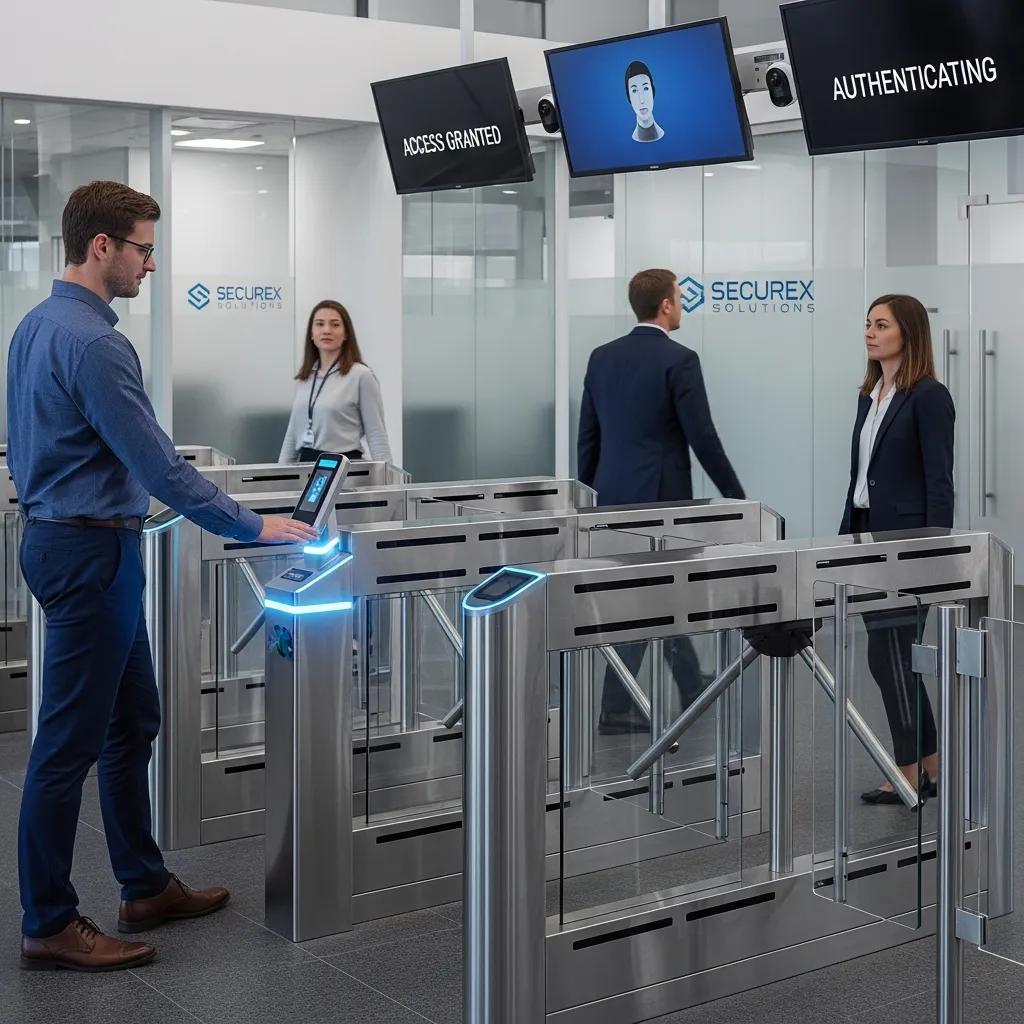 Access control devices like biometric readers and turnstiles used to prevent unauthorized entry