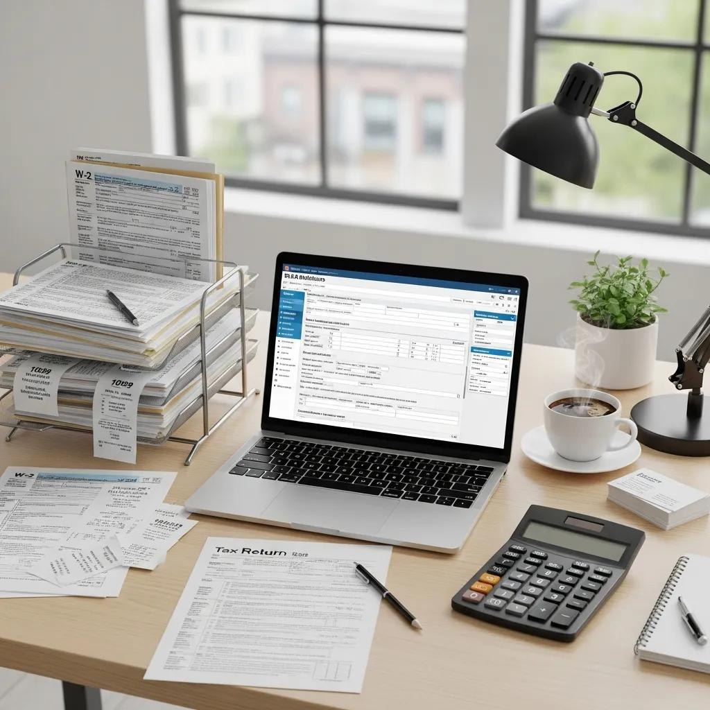 Modern accounting workspace with laptop and financial documents