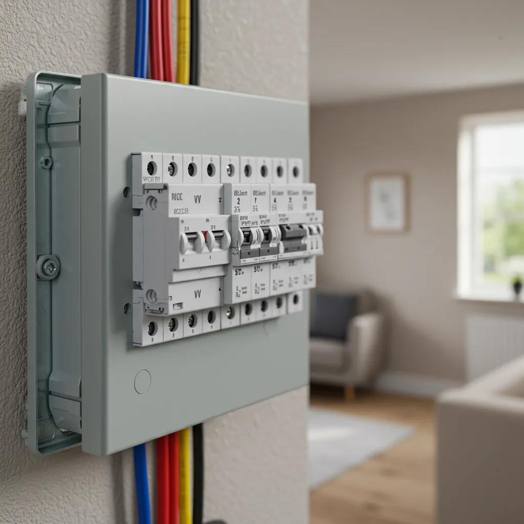 A modern consumer unit, featuring RCDs and RCBOs, installed in a typical home environment.