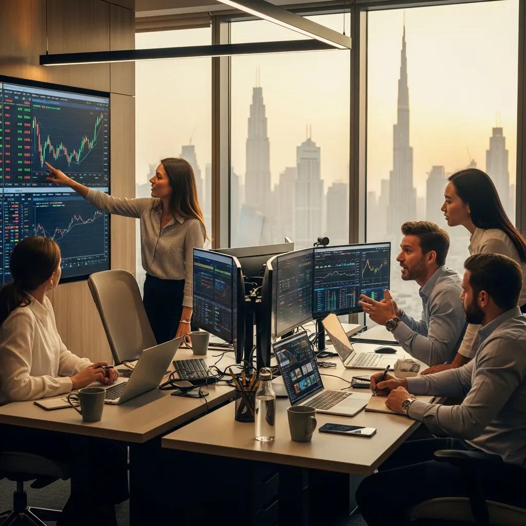 Modern Dubai office with traders discussing forex and CFD trading, showcasing technology and the skyline