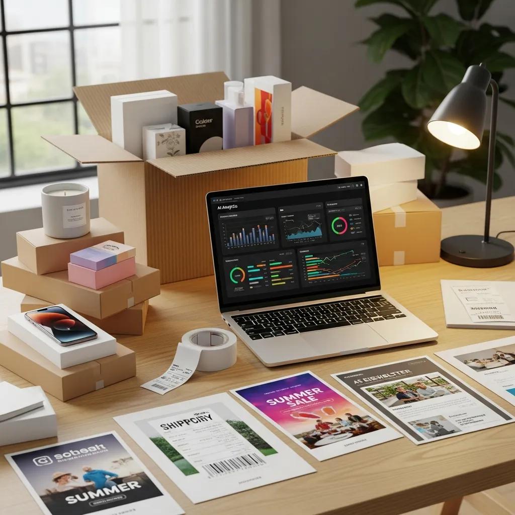 eCommerce workspace with AI analytics and product imagery