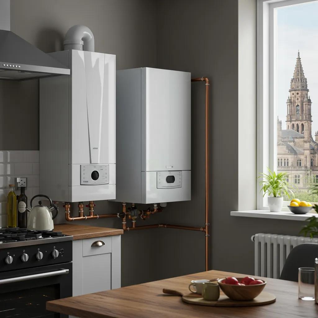 Modern energy-efficient boiler in a cozy Glasgow kitchen, emphasizing comfort and affordability