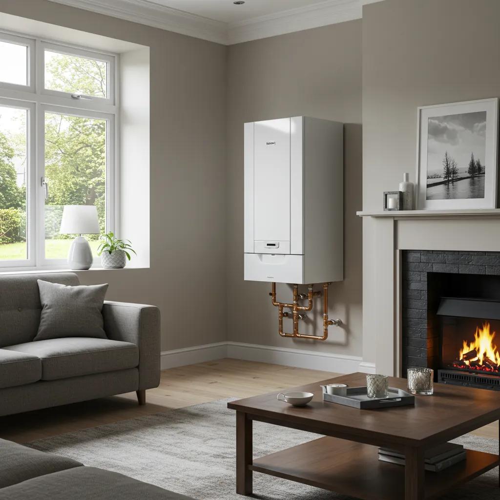 Modern energy-efficient boiler installation in a cozy Glasgow home, emphasizing warmth and comfort