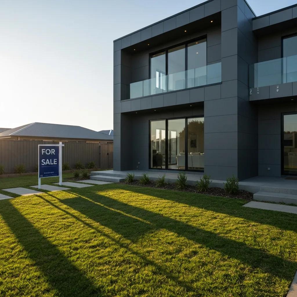 Modern home for sale with inviting garden and clear sky, representing private house selling