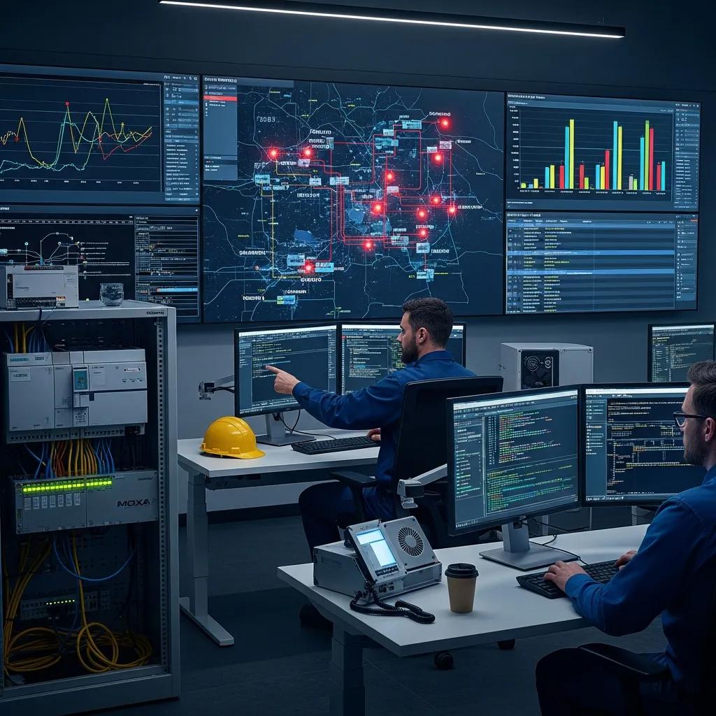 Modern industrial control room displaying multiple monitoring screens with SCADA systems, network diagrams showing red security alerts, and real-time analytics highlighting operational technology cybersecurity threats