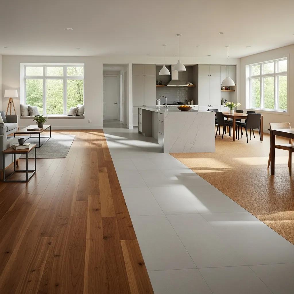 Contemporary interior featuring several flooring types, emphasising both design and regulatory considerations