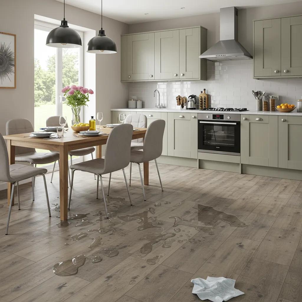 Modern kitchen-diner with water-resistant flooring, showcasing practical use and easy maintenance in a bright and inviting environment