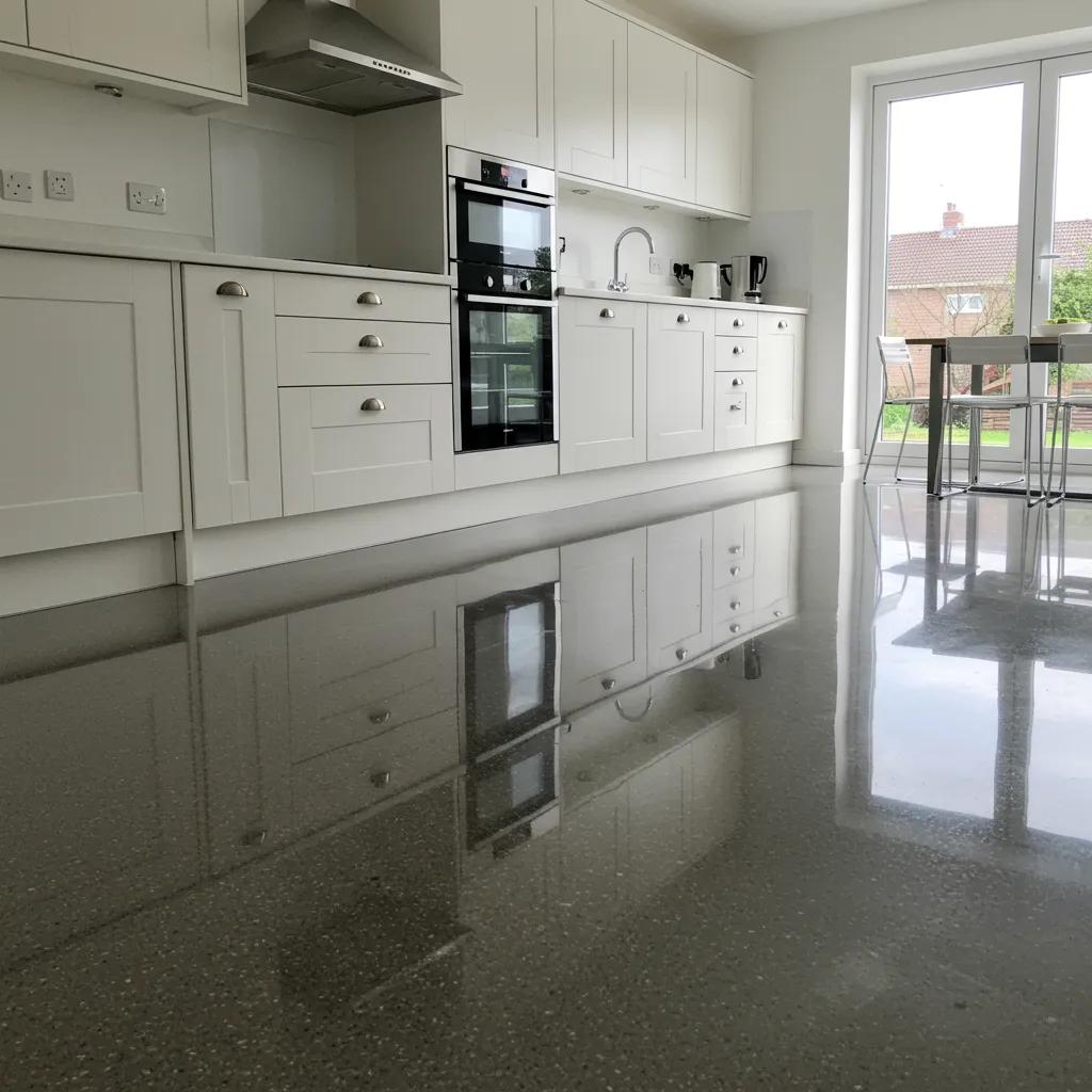 Modern kitchen with glossy resin flooring, showcasing its hygienic and easy-to-clean properties in a bright environment