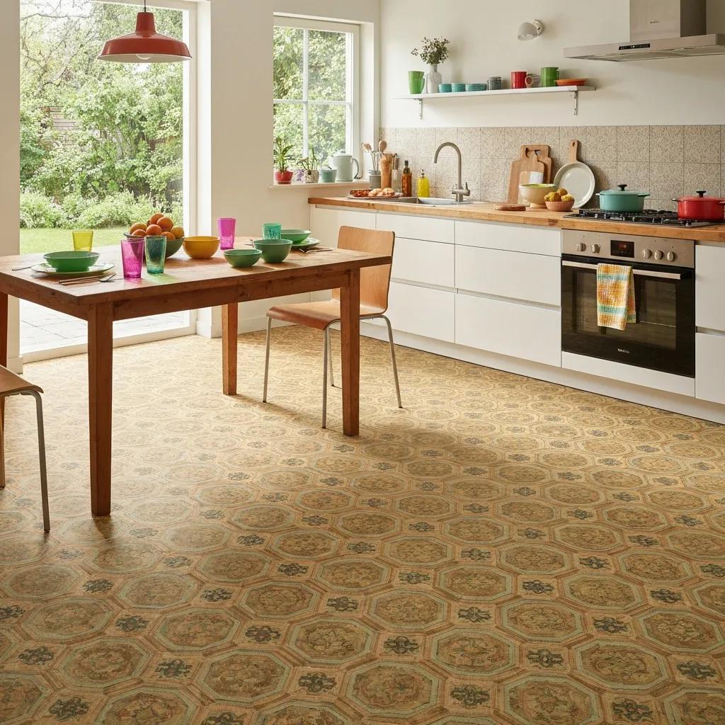 Contemporary kitchen fitted with retro-style laminate flooring that captures vintage pattern and texture