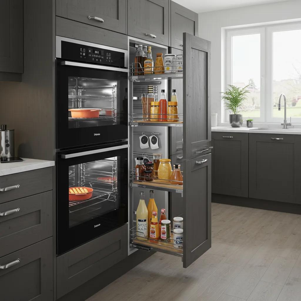 Modern kitchen with smart appliances and organized storage for holiday cooking