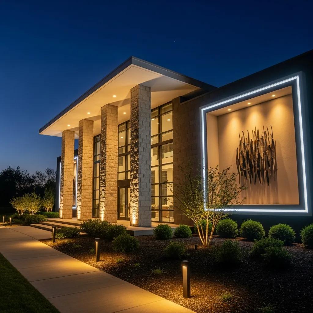 Contemporary LED fixtures accenting facade at night