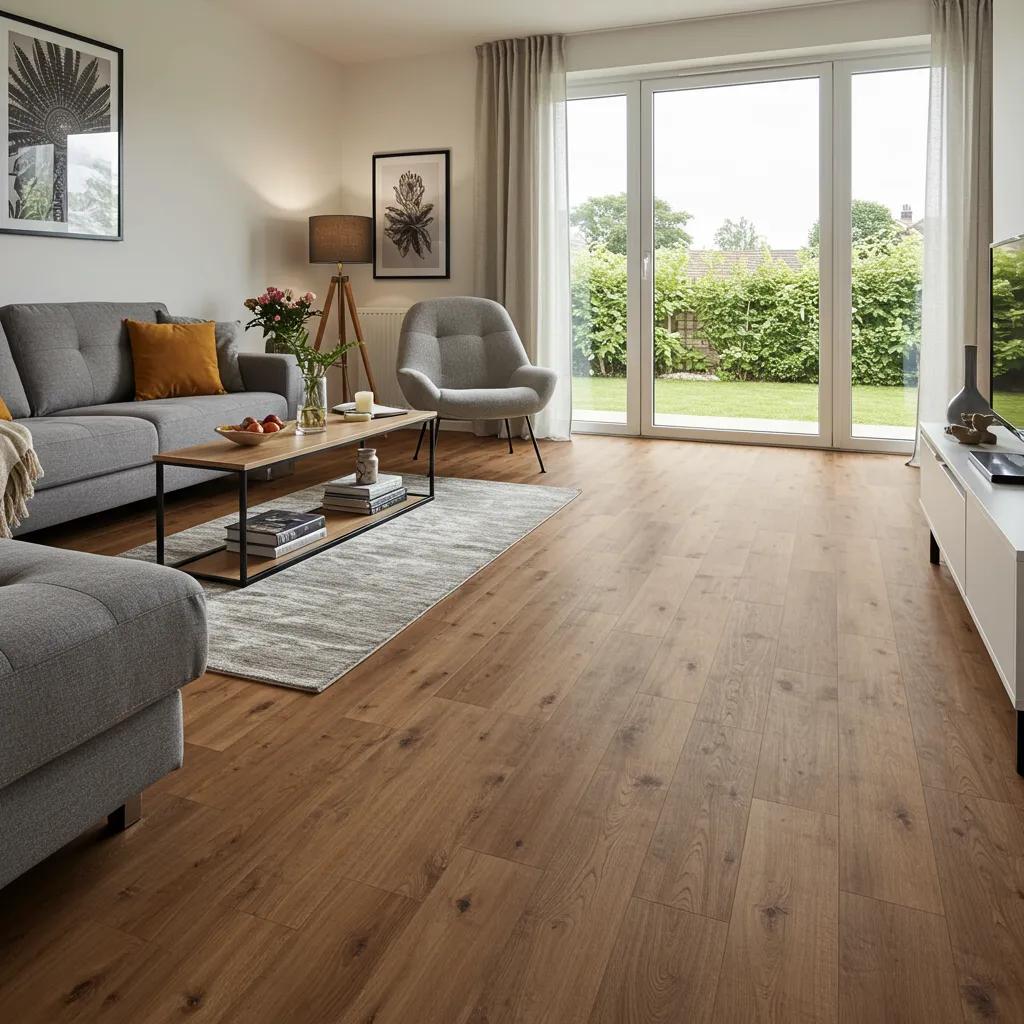 Modern living room with click flooring: luxury vinyl tiles and engineered wood
