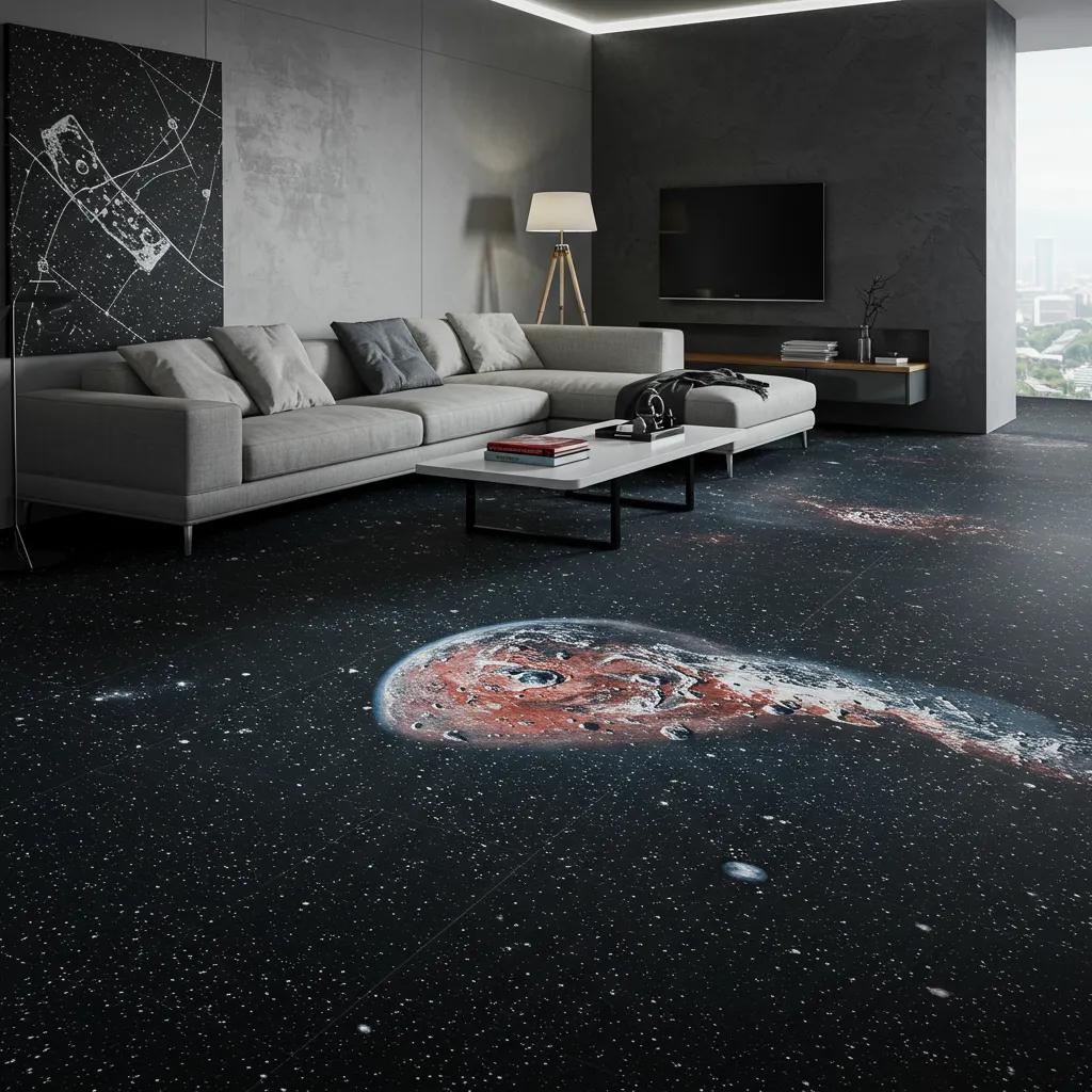 Living room showing durable, space-inspired flooring with smart features