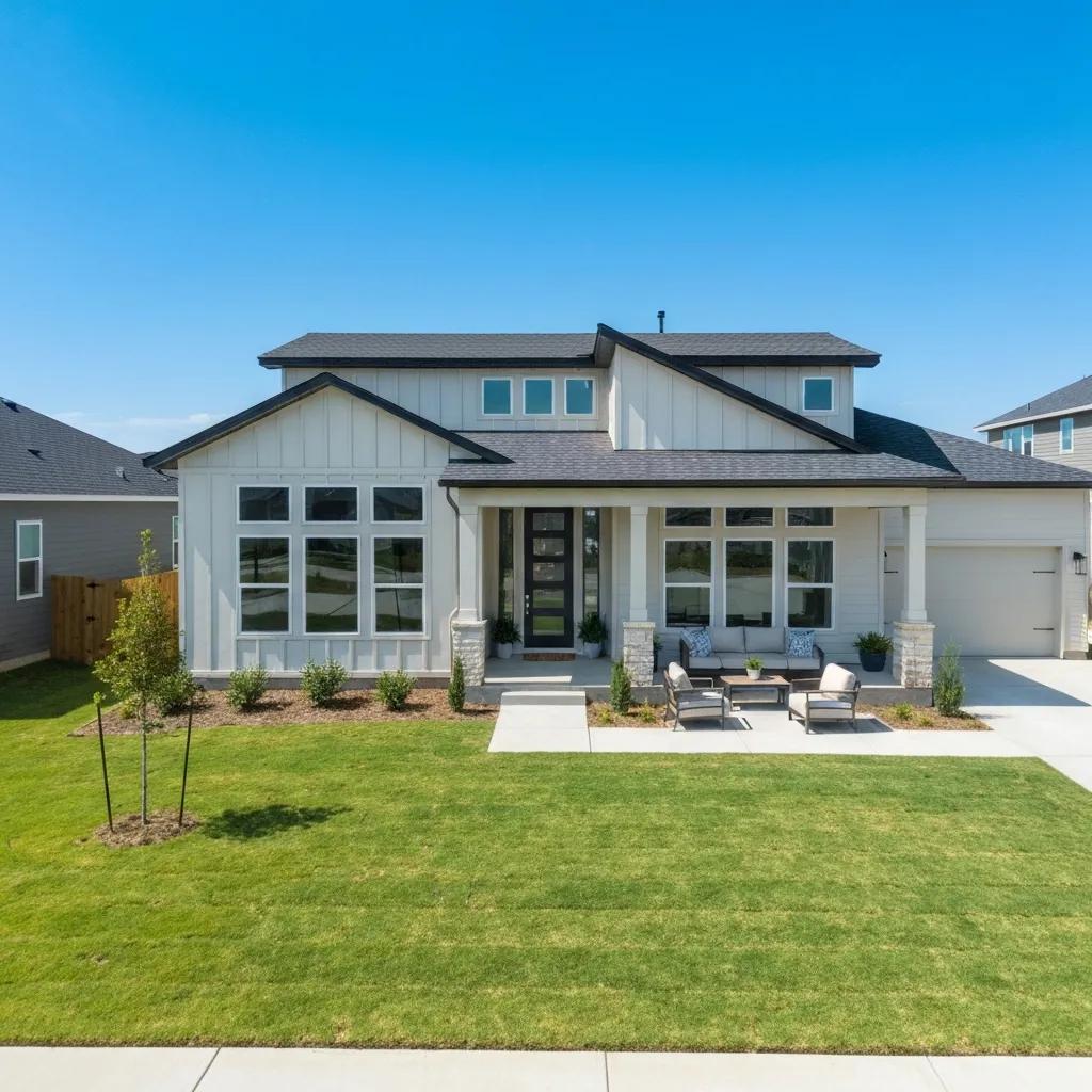 Contemporary new home with a manicured lawn—showing the appeal of new construction homes