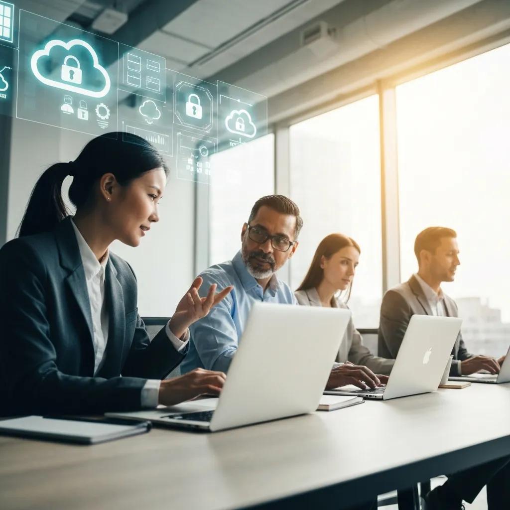 Team planning cloud data protection in a modern office