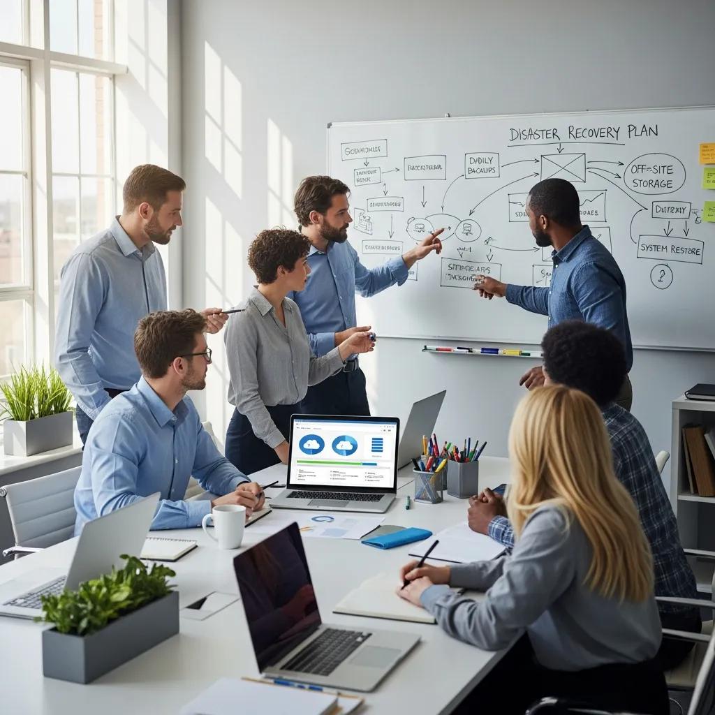 Modern office collaboration on data backup solutions with laptops and cloud storage