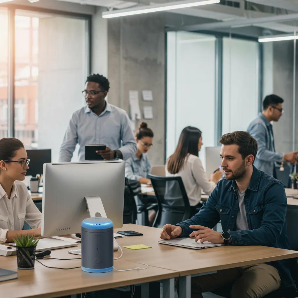 Modern office scene illustrating the use of voice AI technology for enhanced productivity Modern office scene illustrating the use of voice AI technology for enhanced productivity