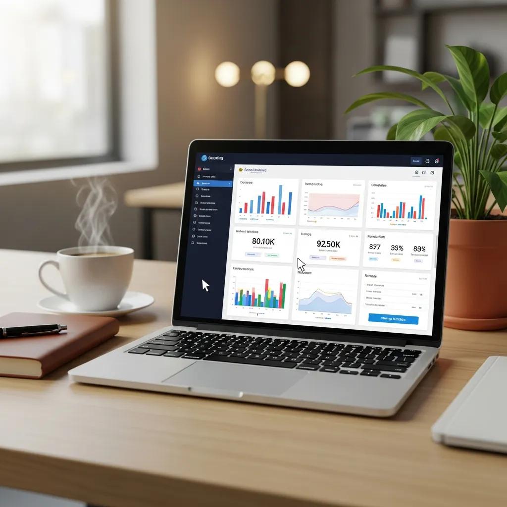 Modern office with laptop displaying a hosting dashboard, coffee and notepad