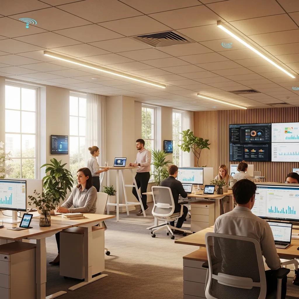 Modern office interior featuring energy-efficient LED lighting, smart technology, and collaborative workspaces with employees engaged in various tasks, surrounded by plants and digital displays showing data analytics.
