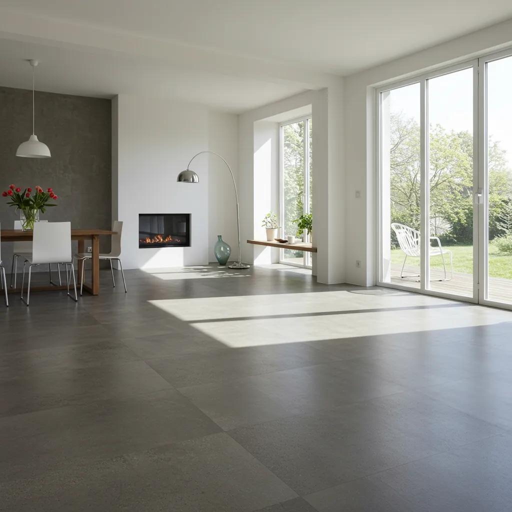 Modern seamless microcement flooring in an open-plan living area, showcasing its elegant and joint-free design
