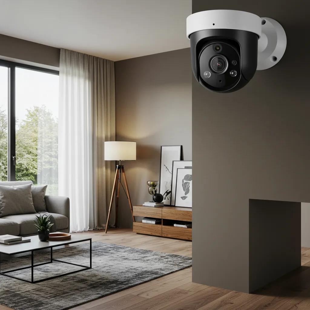 Modern security camera system in a stylish home, emphasizing safety and technology