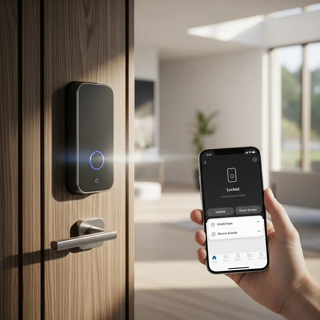Modern smart lock fitted to a front door with a smartphone showing the lock app