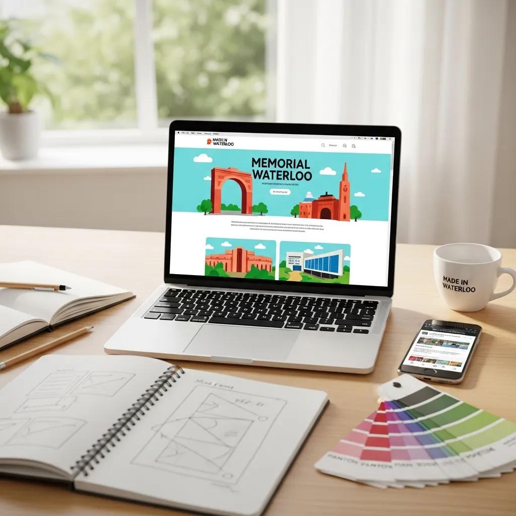 Modern web design workspace with laptop, design tools, and creative atmosphere