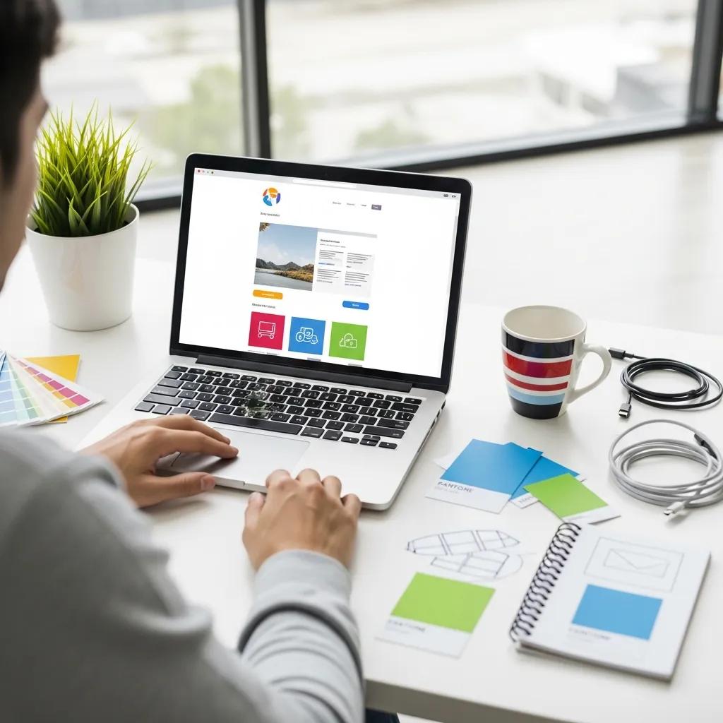 Contemporary workspace with a designer building a website on a laptop