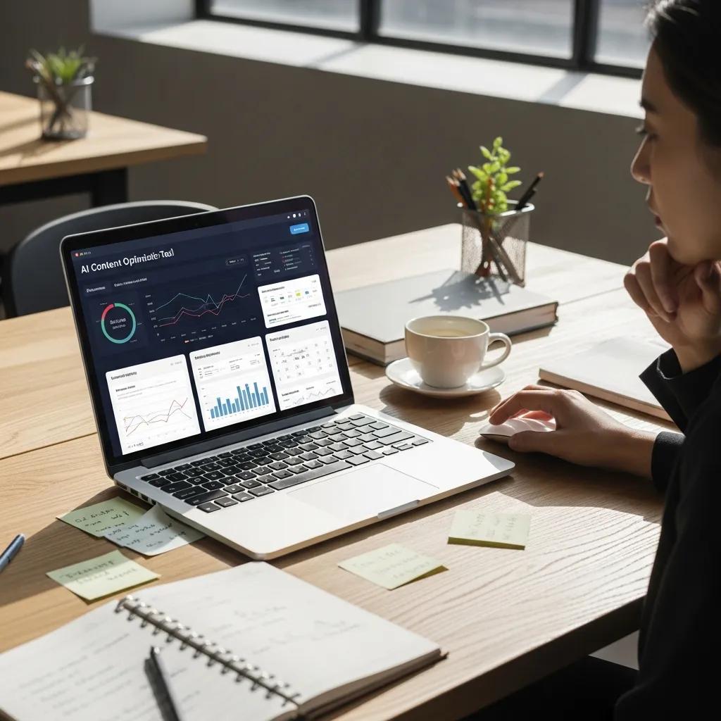 Workspace with laptop showing AI content optimization tools