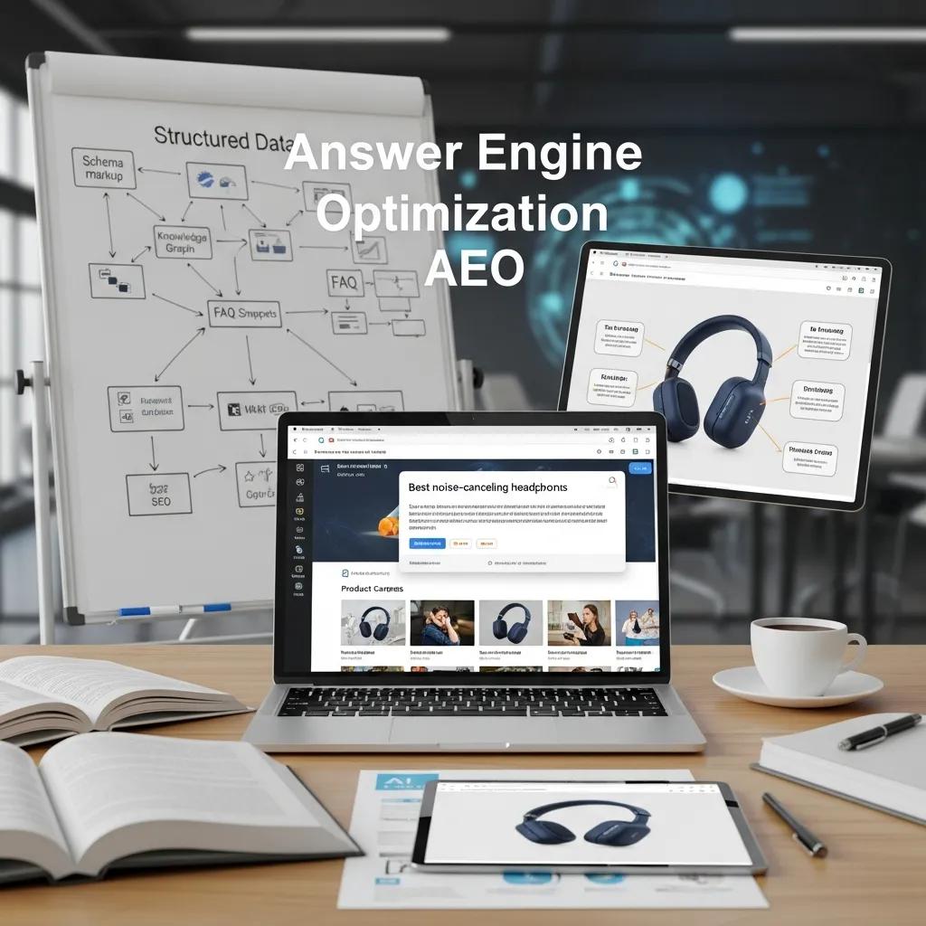 Modern workspace showing AI-driven search results and structured-data visuals