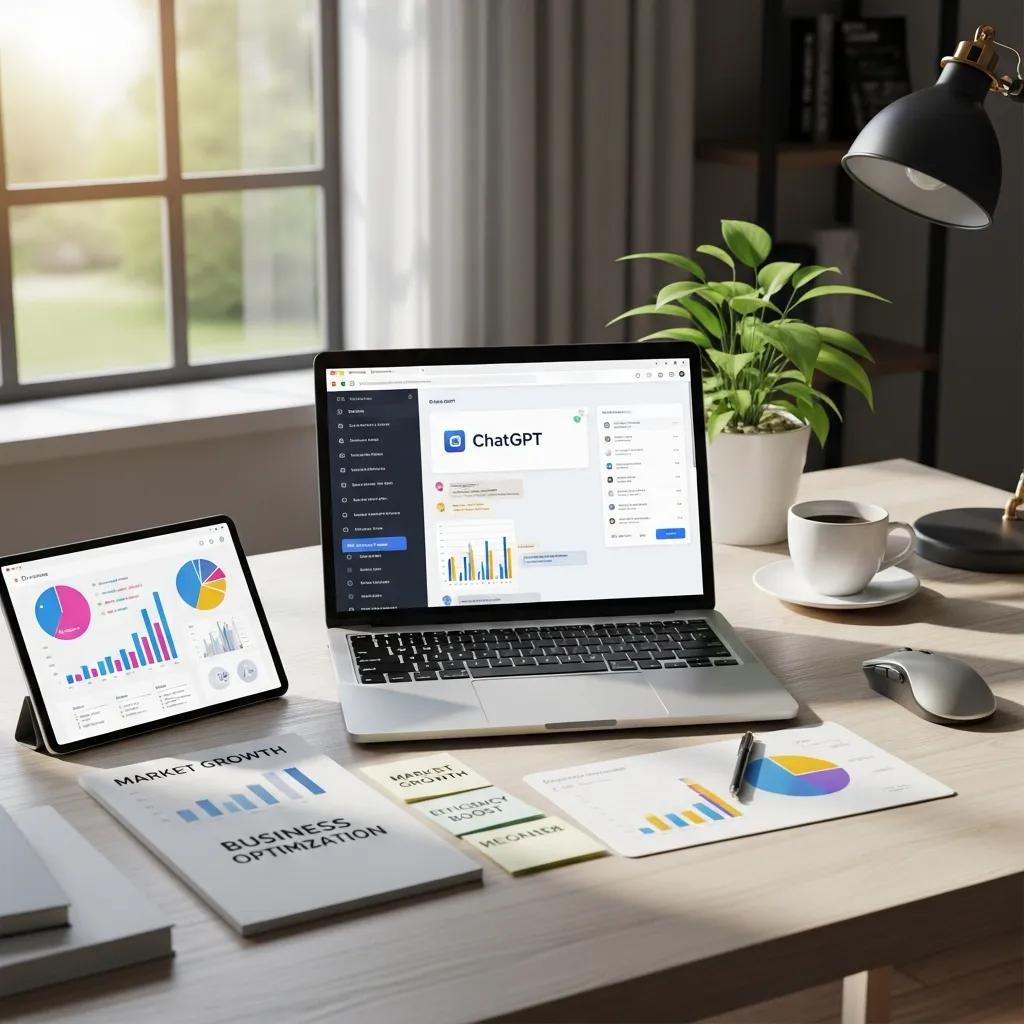 Modern workspace with laptop showing ChatGPT interface and business optimization elements