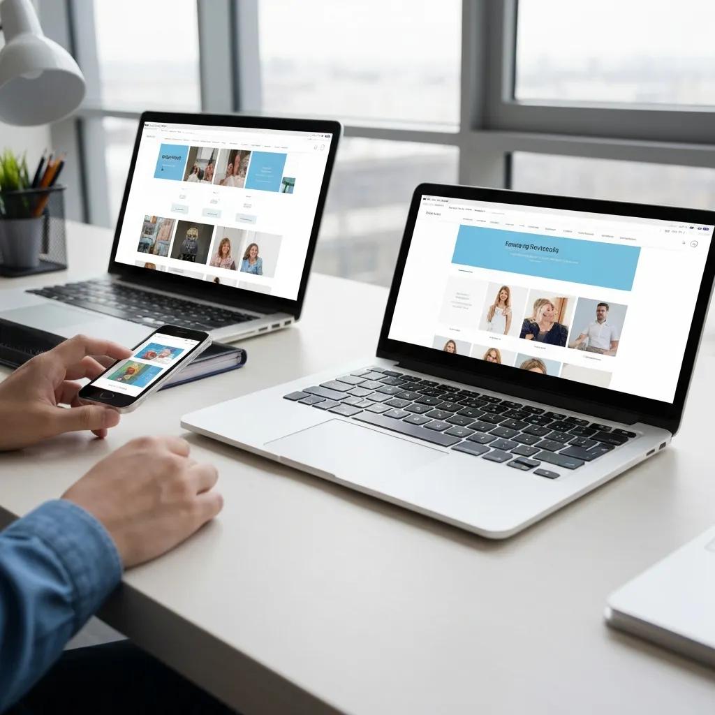 Modern workspace with multiple devices displaying responsive website designs, emphasizing innovation and technology